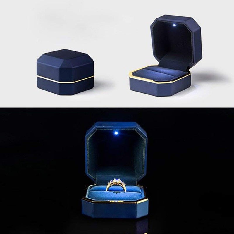 AVESON Luxury Ring Box, Square Velvet Wedding Ring Case Jewelry Gift Box with LED Light for Proposal Engagement Wedding, Blue - Image 5
